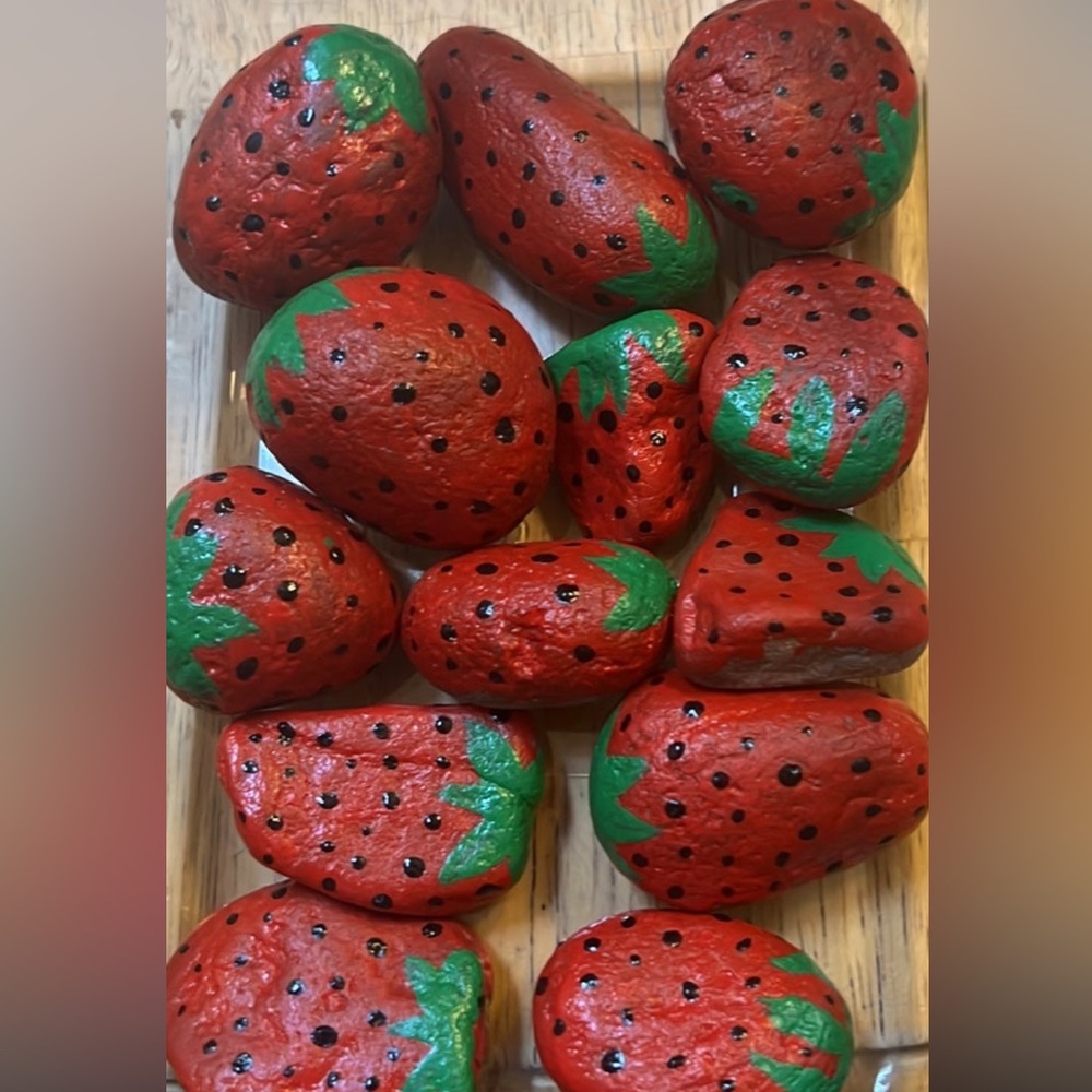 Hand crafted Strawberry Painted Rocks Set of 15 Fool the birds! Beaks on rocks